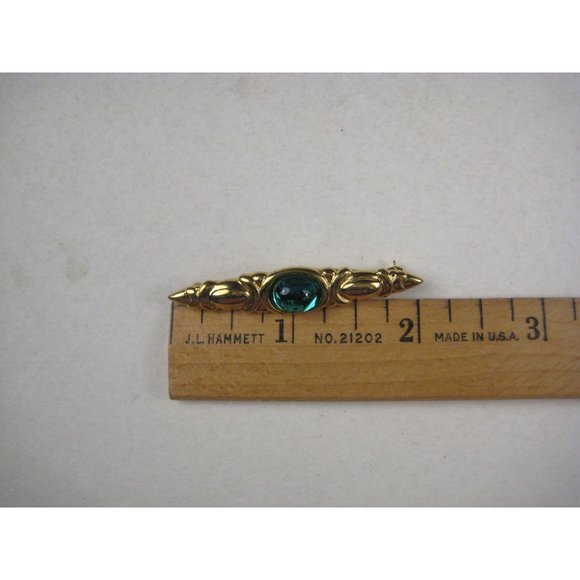 Monet Bar Brooch Pin Goldtone Green Glass Cabachon Vintage STYLE - Picture 7 of 10